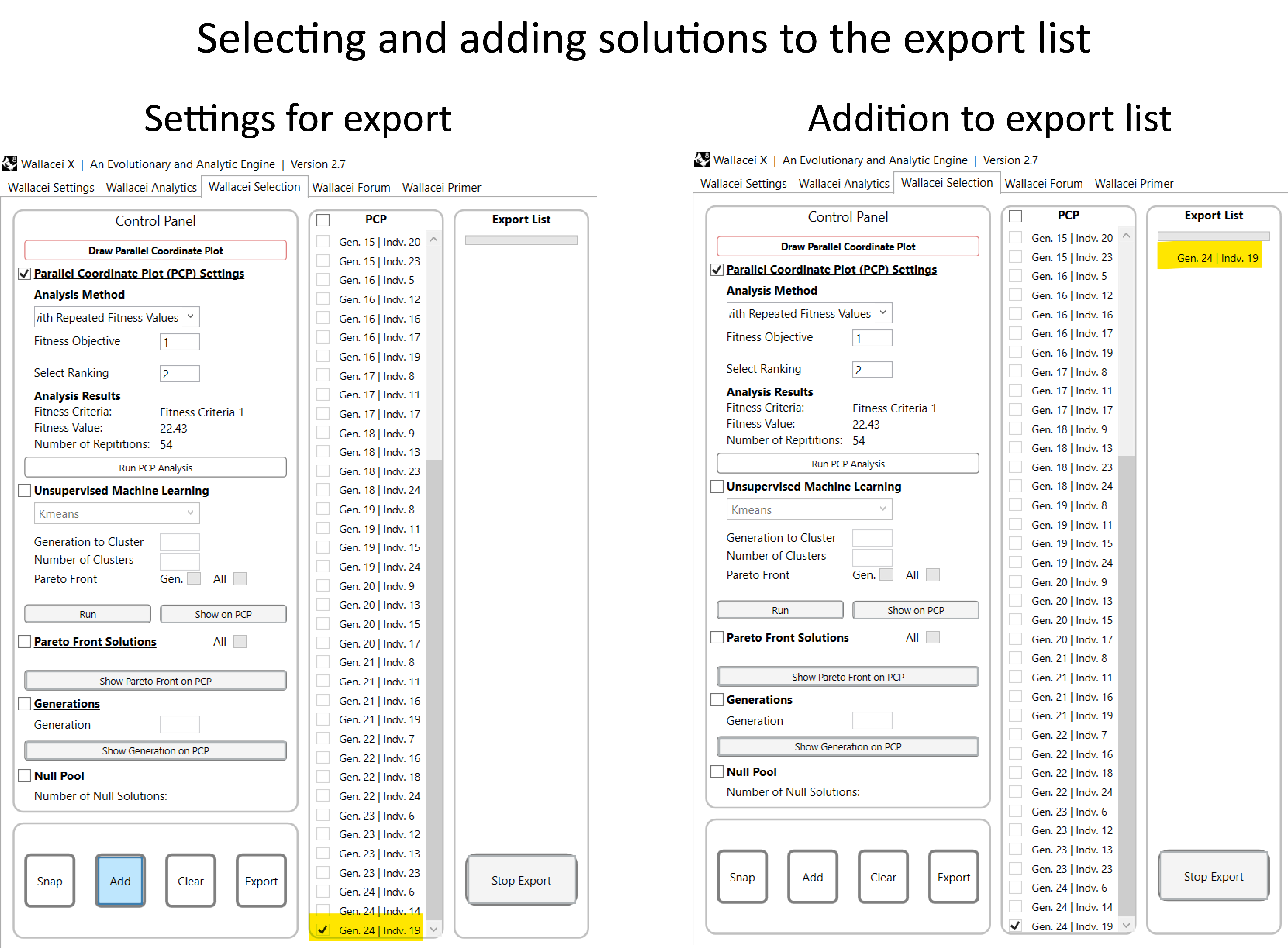 Settings and results of adding solutions to export list