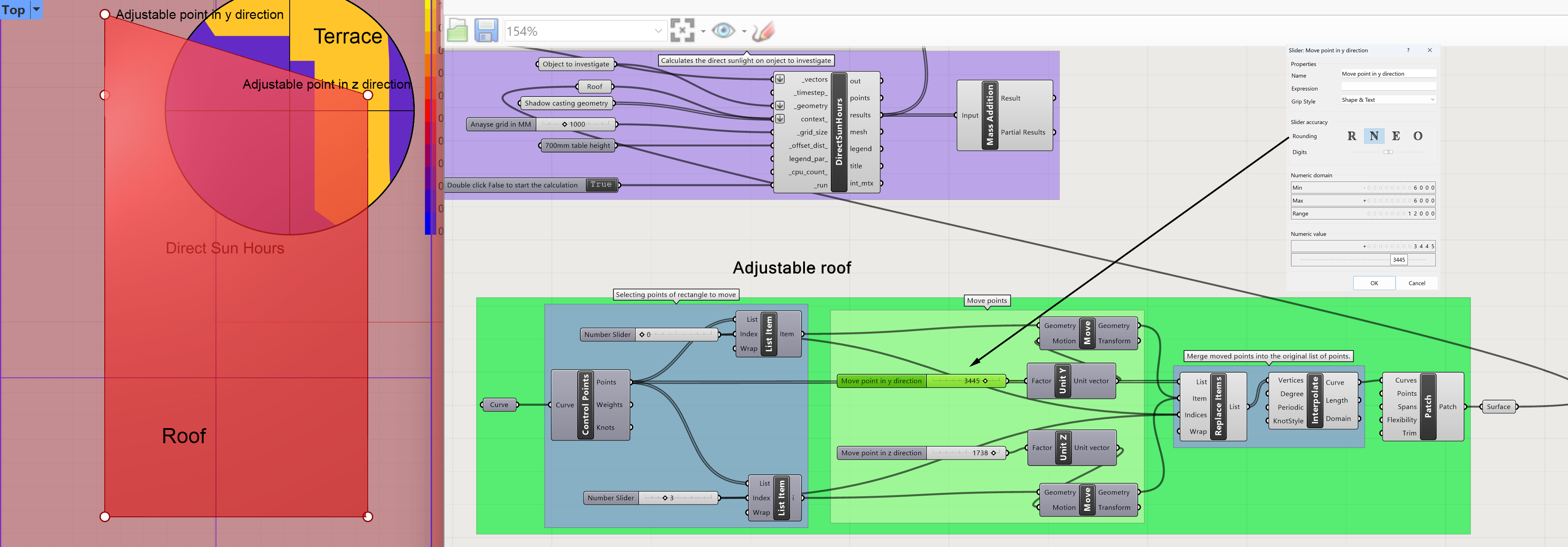 The parametric roof using number slider parameters is connect to the “roof” input of the LB Direct Sun Hours component.